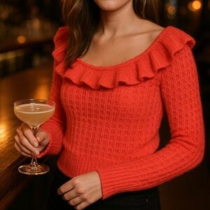 Anthropologie Ruffle Neck Textured Knit Sweater in Pink Rose – Size Small
